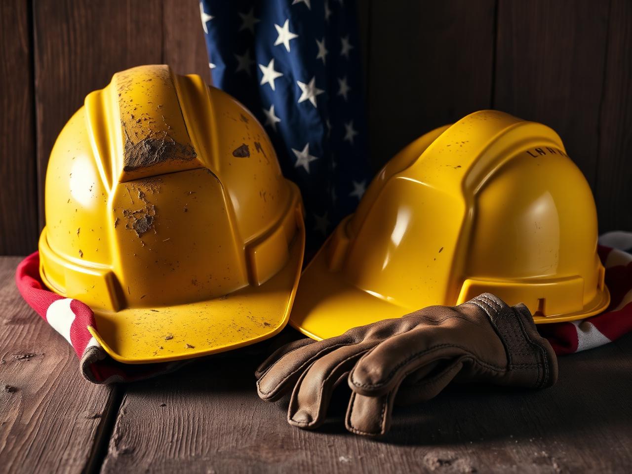 Hard hat, work gloves and American flag