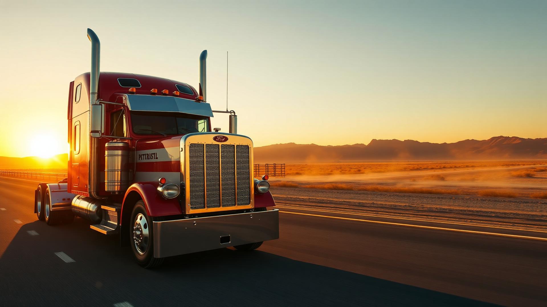 American semi truck at sunset